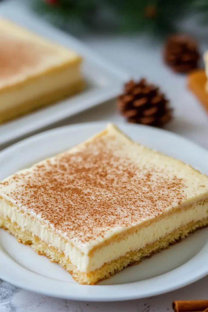 Freshly cut sheet cake served on a white plate, highlighting the soft texture and rich topping.