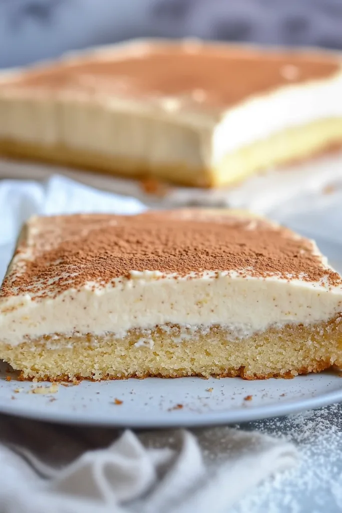 Single slice of cake in the foreground with the rest of the sheet cake visible behind it.
