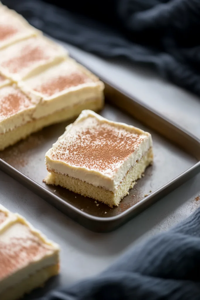 Final presentation of the cake, creamy layer spread evenly across the top with a light sprinkle of cinnamon.