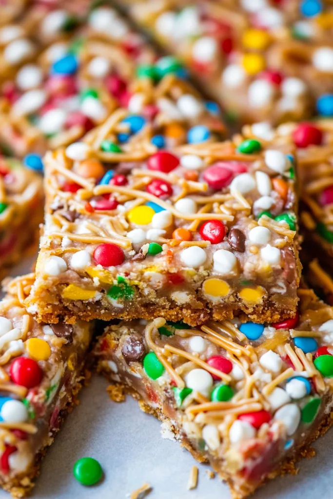 Stacked dessert bars with colorful candy pieces and crumbly base.
