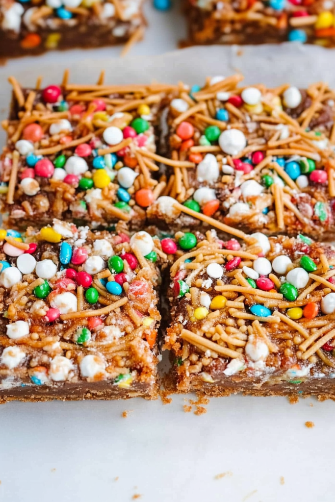 Closeโup of cookie bars topped with vibrant chocolate candies and drizzle.