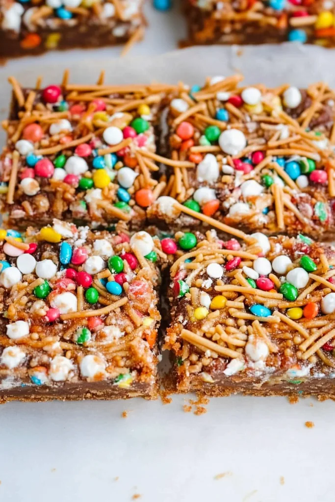 Closeโup of cookie bars topped with vibrant chocolate candies and drizzle.