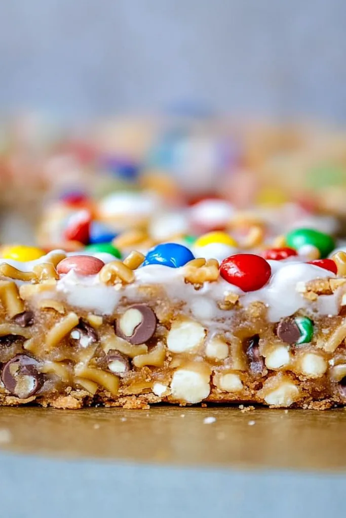 Golden bars highlighting mix of red, green, blue, and yellow candy bits.