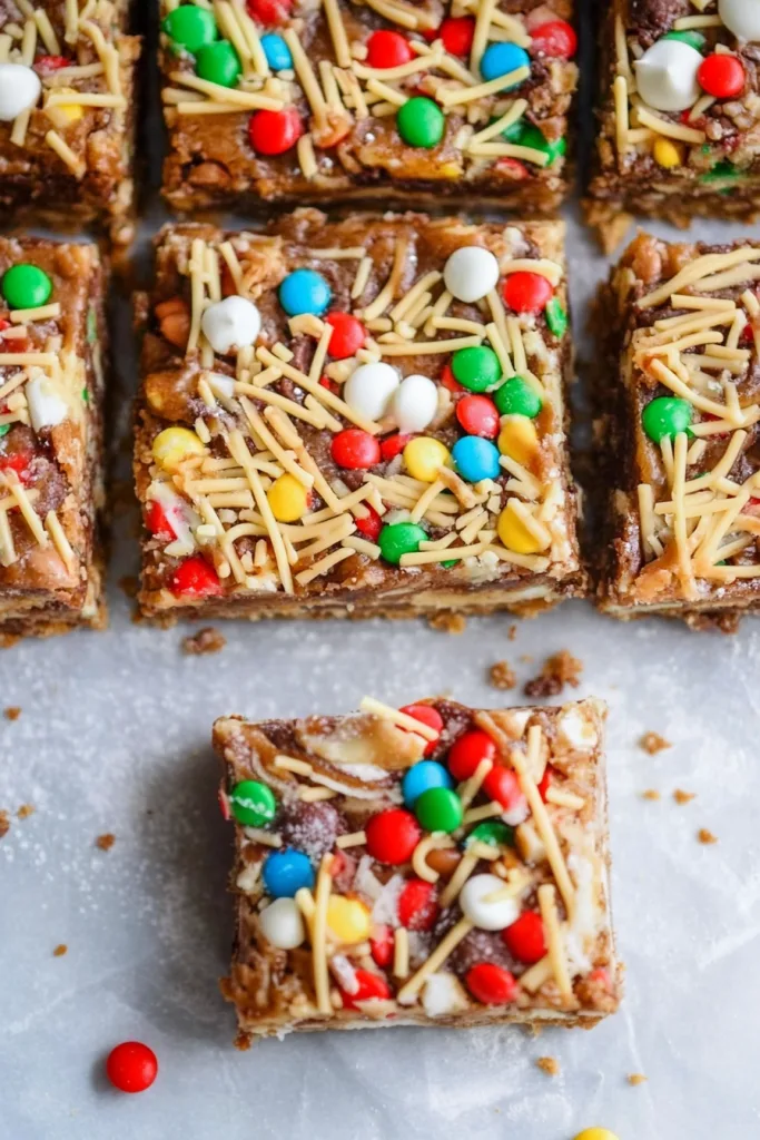 Overhead view of cookie bars showcasing bright toppings and rich texture.