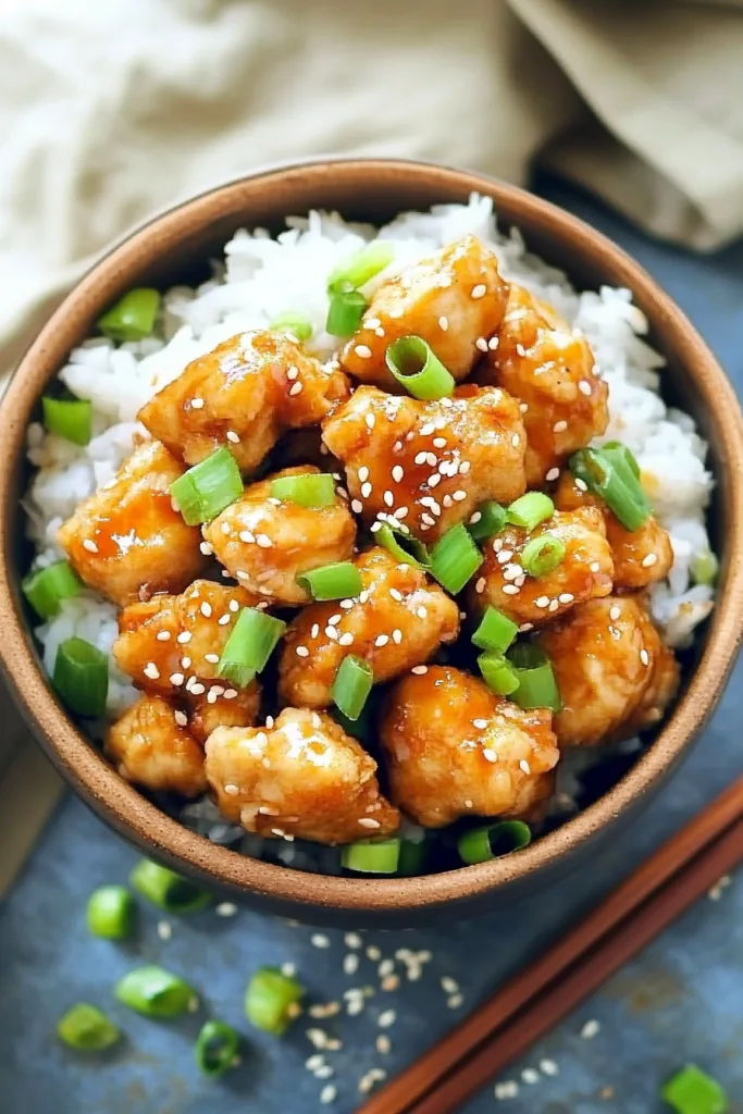 Bowl of glazed chicken over rice, garnished with sesame seeds and green onions.