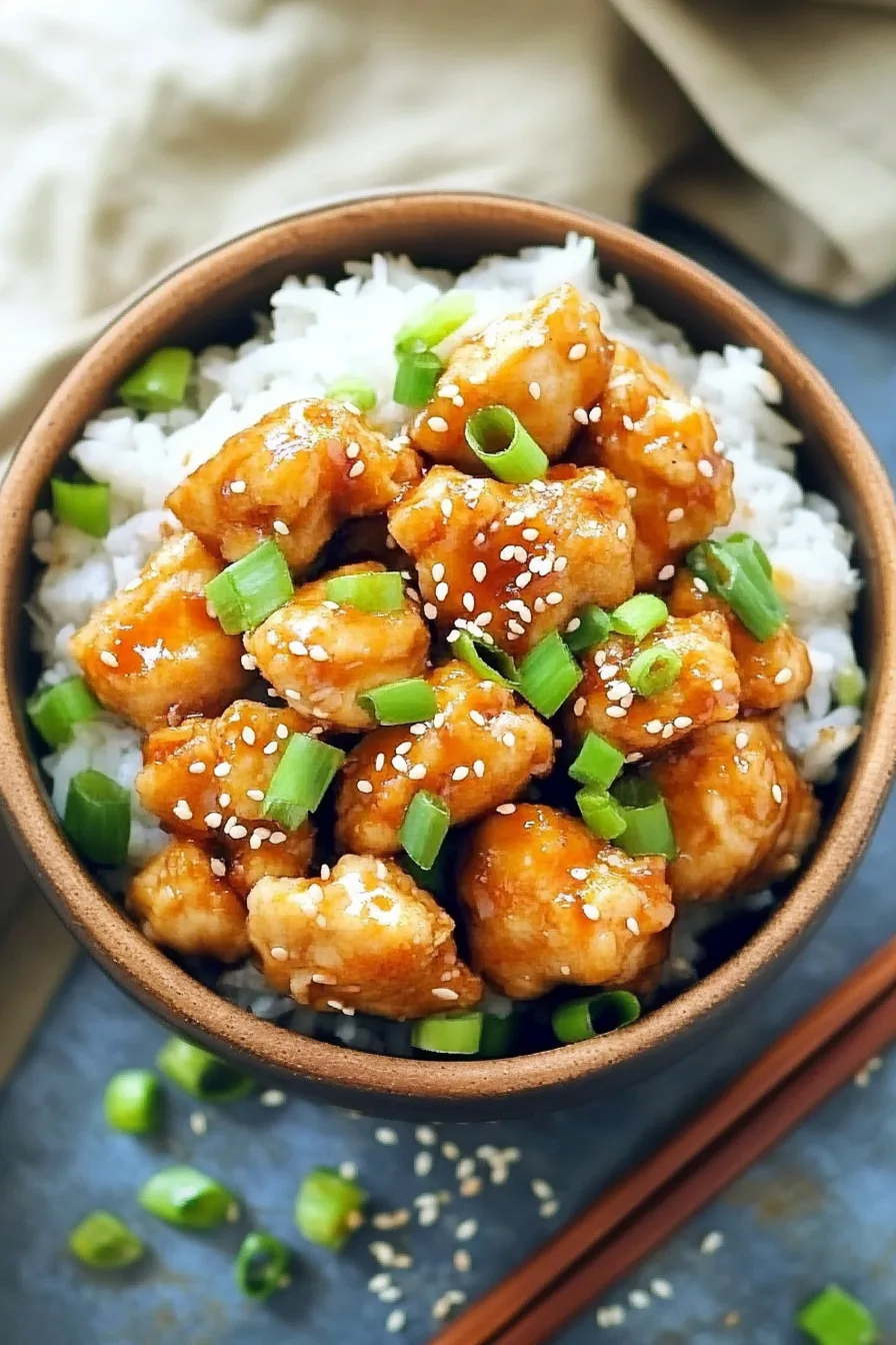 Bowl of glazed chicken over rice, garnished with sesame seeds and green onions.