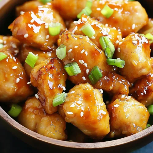 Crispy chicken bites coated in a sticky sweet and spicy sauce topped with green onions and sesame seeds