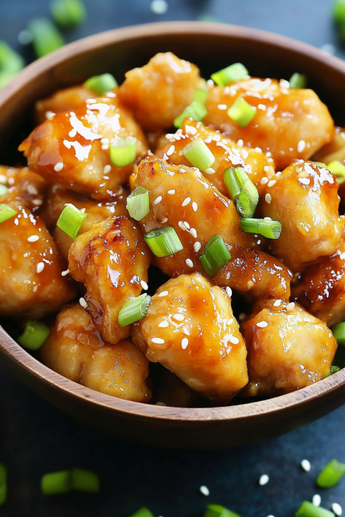 Crispy chicken bites coated in a sticky sweet and spicy sauce topped with green onions and sesame seeds