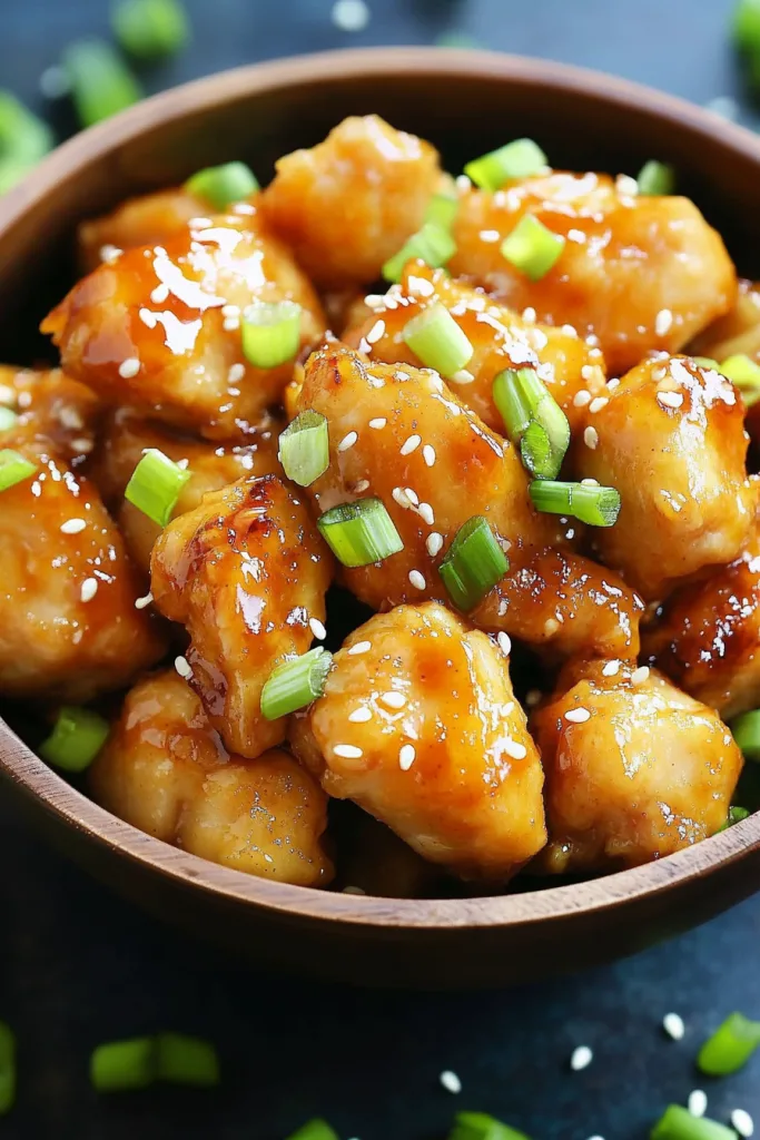 Crispy chicken bites coated in a sticky sweet and spicy sauce topped with green onions and sesame seeds