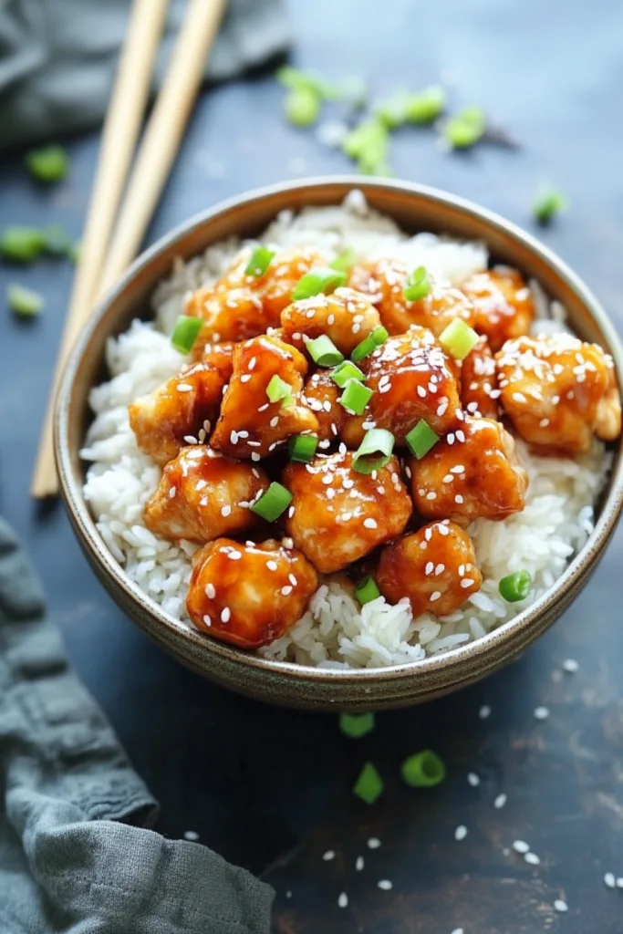 Plated chicken and rice with vibrant sauce and fresh green onion garnish.