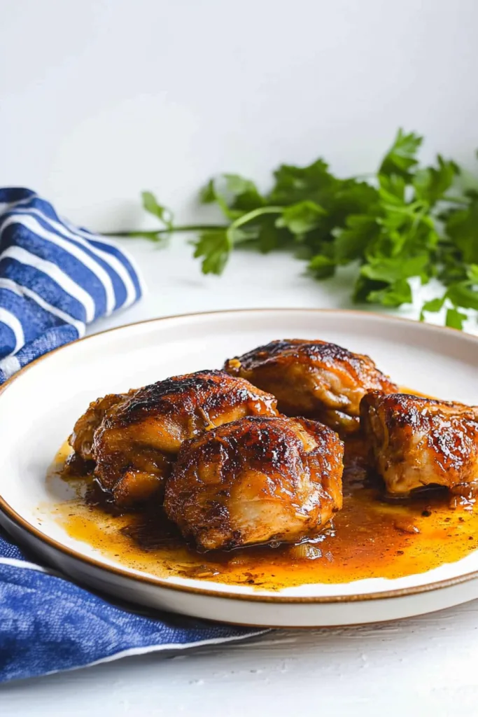 Juicy chicken thighs styled with sides of beans and wedges, highlighting rich textures and colors.