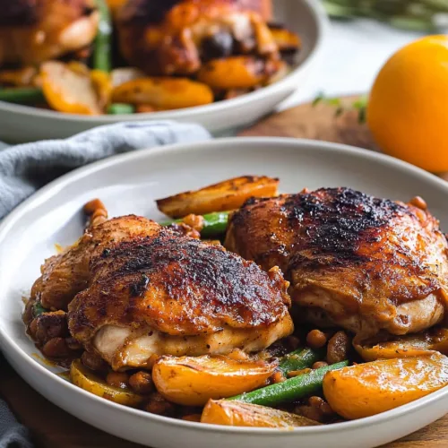 Roasted chicken thighs with crispy browned skin served alongside golden potato wedges and green beans.
