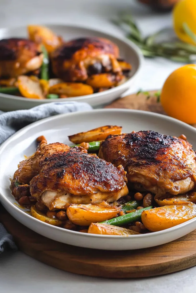 Roasted chicken thighs with crispy browned skin served alongside golden potato wedges and green beans.
