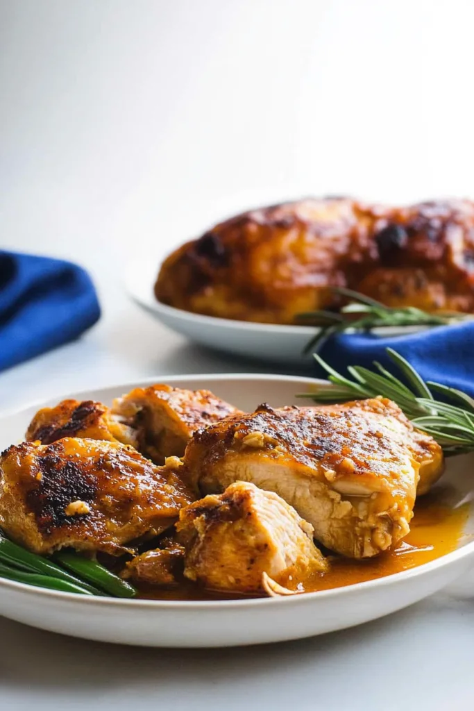 Hearty dinner plate with golden chicken and vegetables, presented with a lemon and herbs nearby.