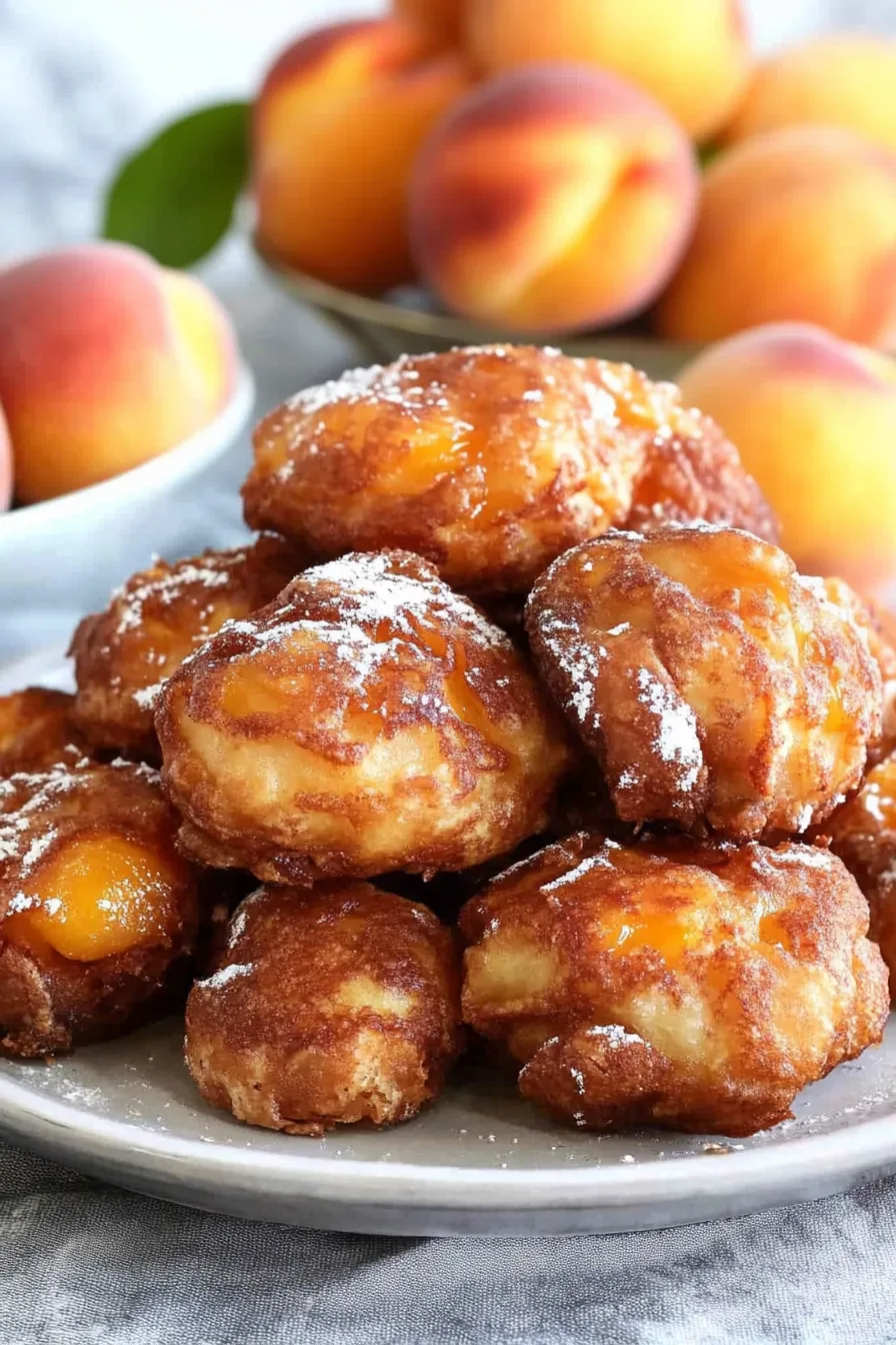 Plate of rustic fruit fritters surrounded by whole peaches in the background