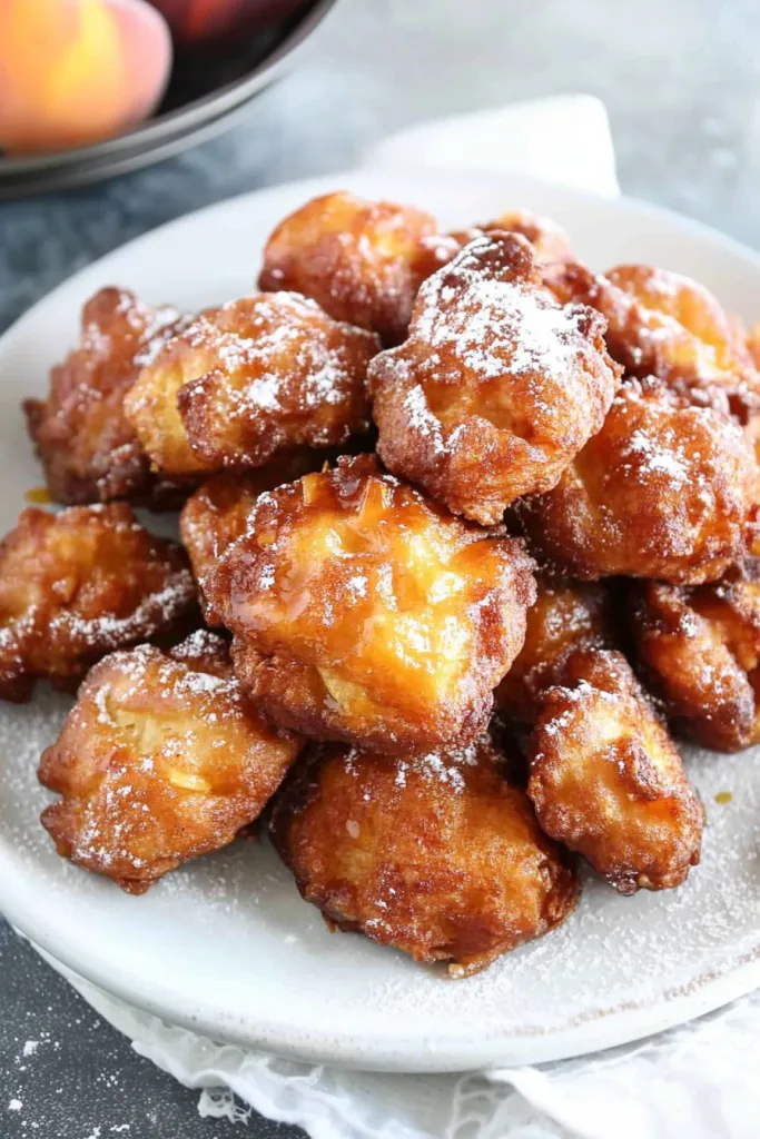 Fresh peach fritters served warm with caramelized edges and soft center