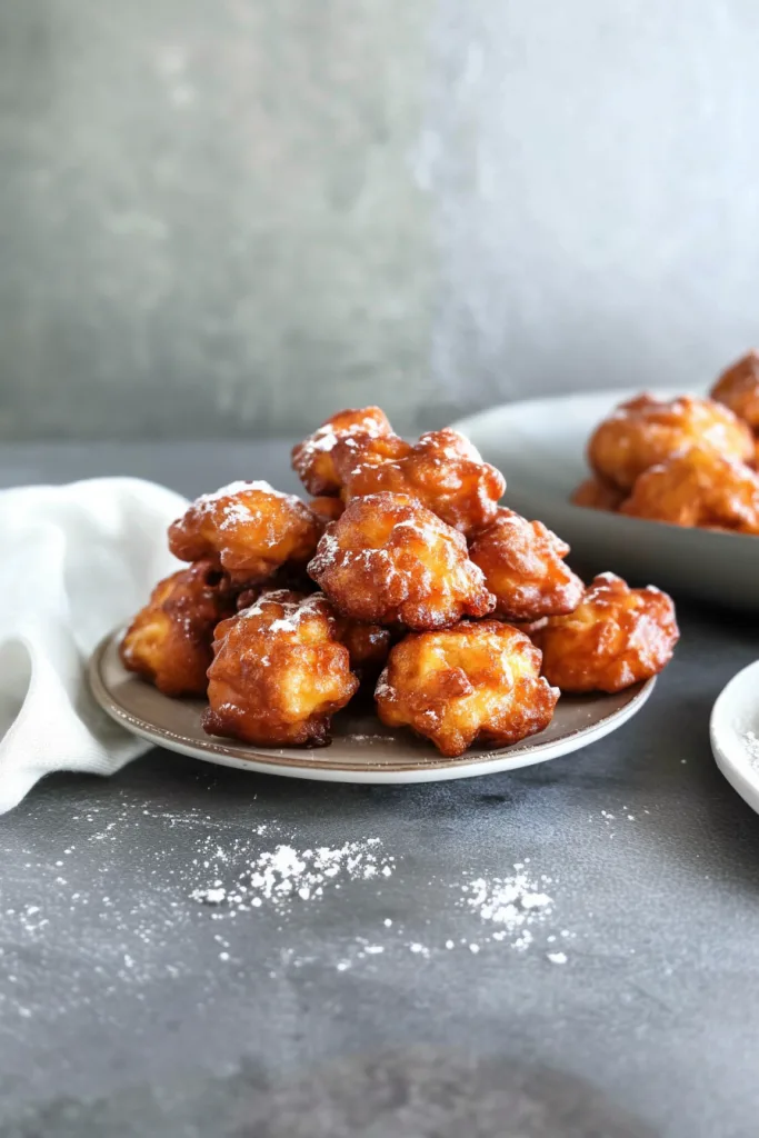 Homemade fritters highlighting golden crust and juicy peach pieces