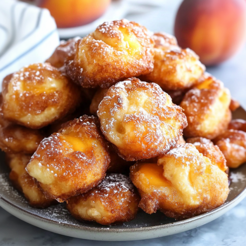 Golden-brown fritters stacked on a plate with powdered sugar dusting