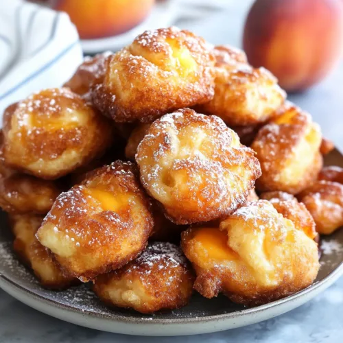 Golden-brown fritters stacked on a plate with powdered sugar dusting