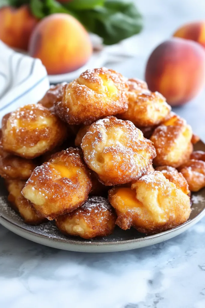 Golden-brown fritters stacked on a plate with powdered sugar dusting