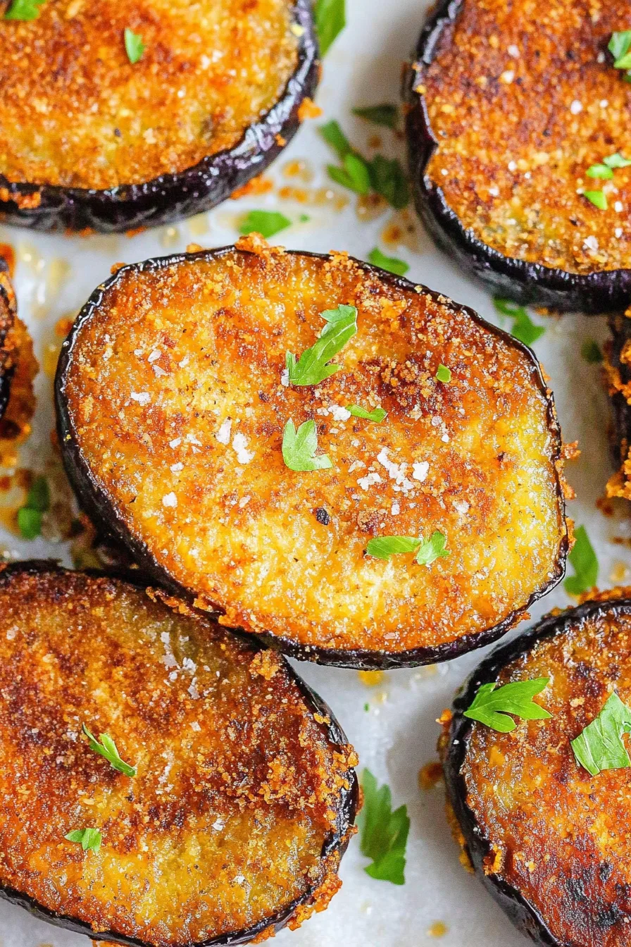 Plate of breaded eggplant served with fresh parsley sprinkles.