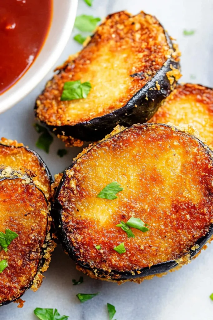 Stacked slices of fried eggplant highlighting golden crust.