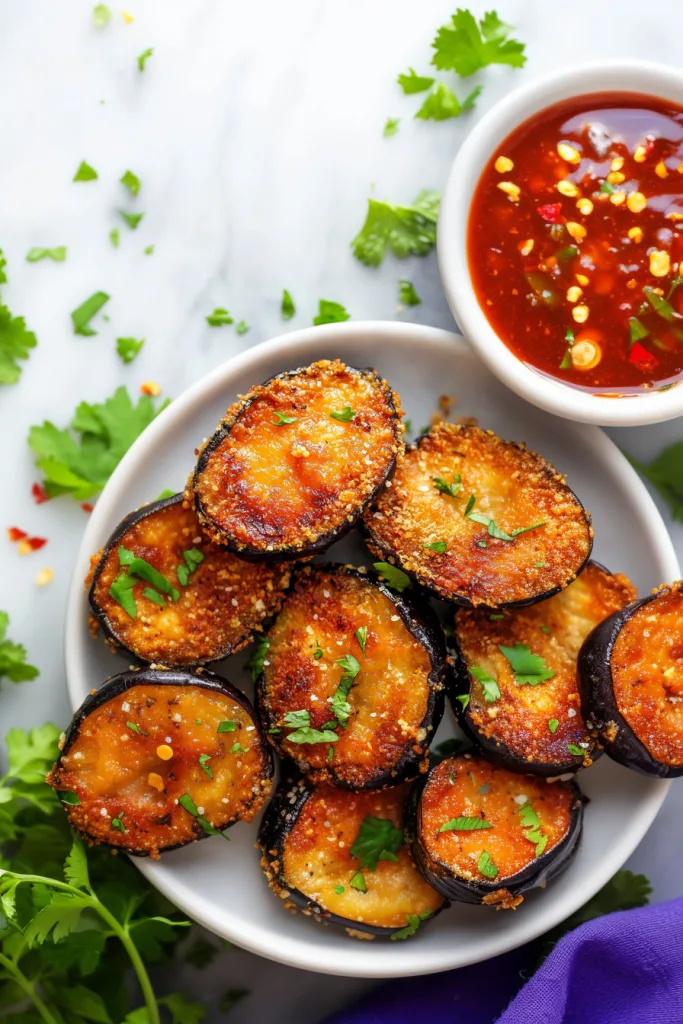 Crispy eggplant slices arranged beside a bowl of dipping sauce.