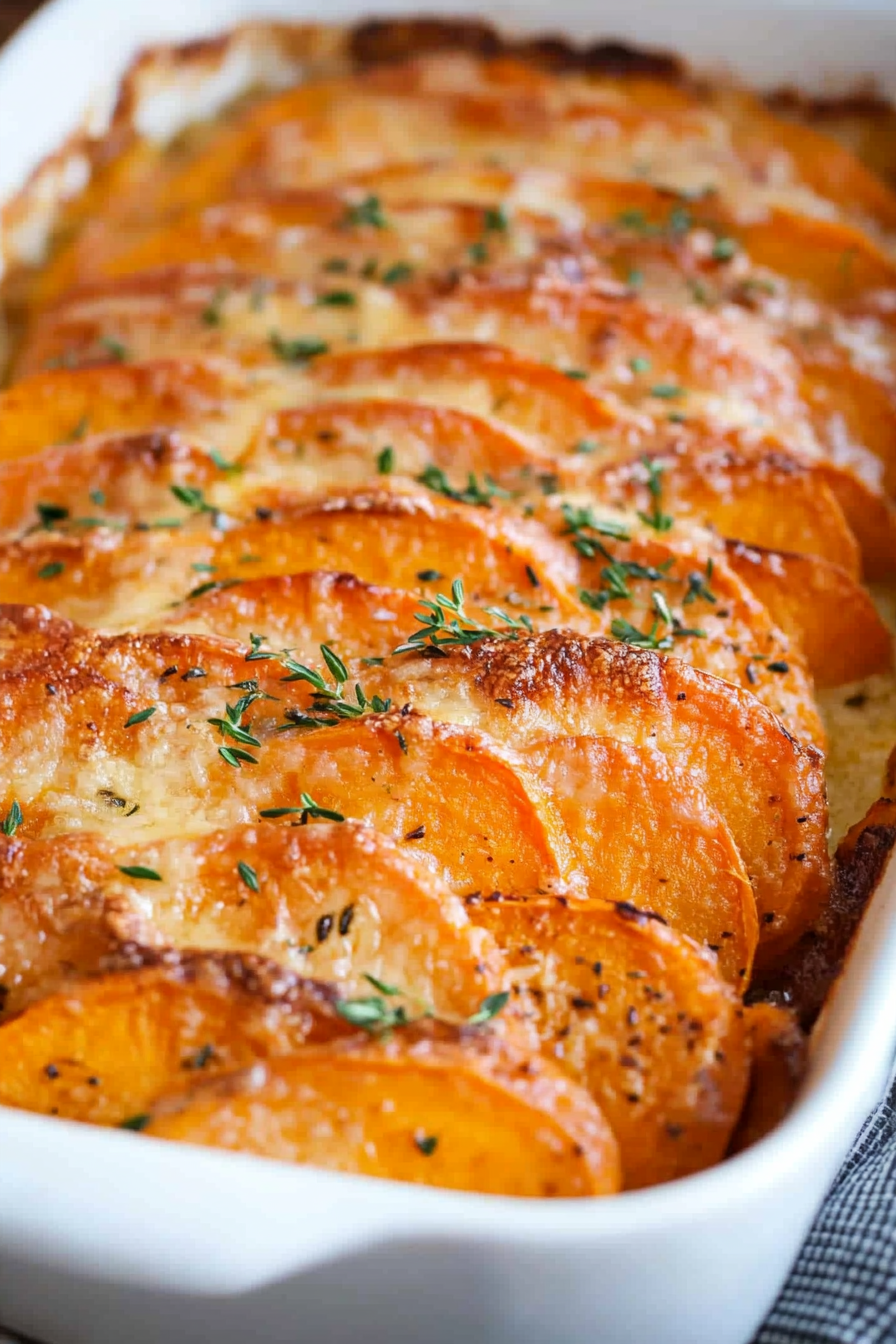 Golden scalloped sweet potatoes in a white ceramic dish.