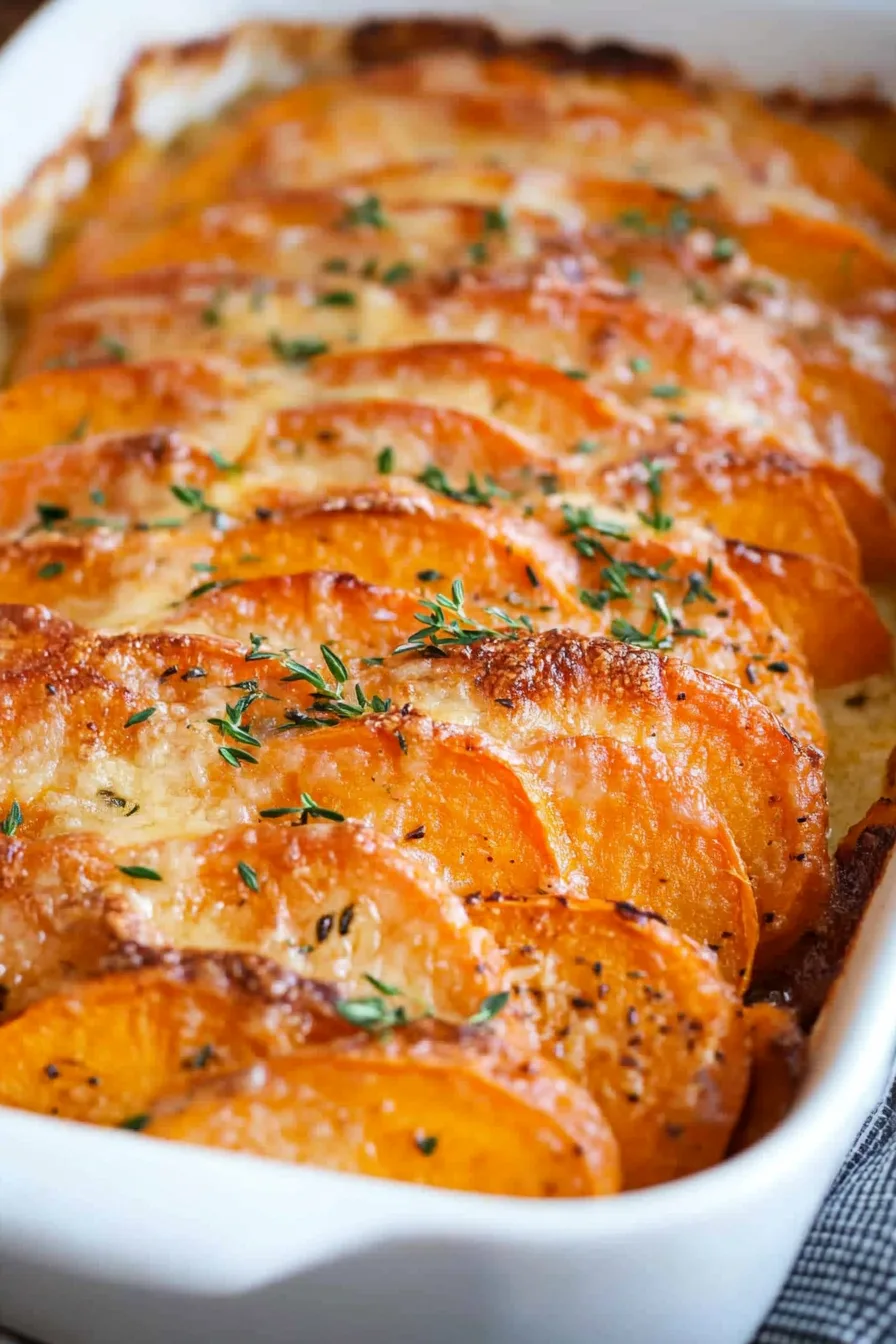 Golden scalloped sweet potatoes in a white ceramic dish.