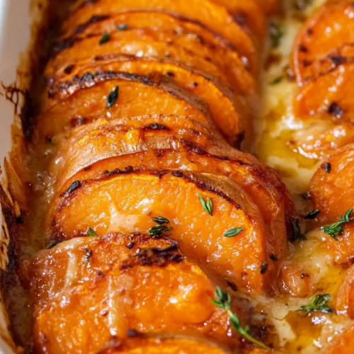 Cheesy sweet potato casserole with browned edges and fresh parsley.