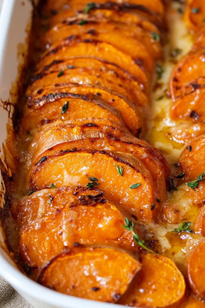 Cheesy sweet potato casserole with browned edges and fresh parsley.