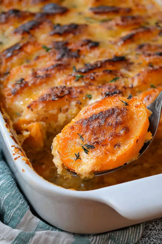 Comforting baked sweet potato gratin with caramelized cheese crust.