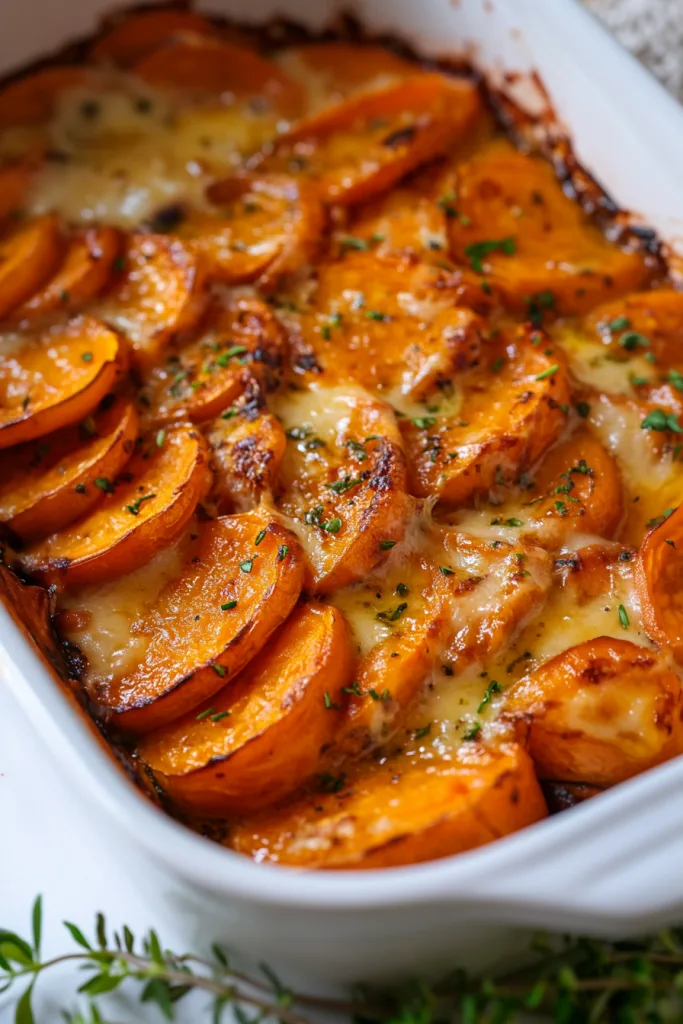 Baked sweet potato slices layered with melted cheese and herbs.