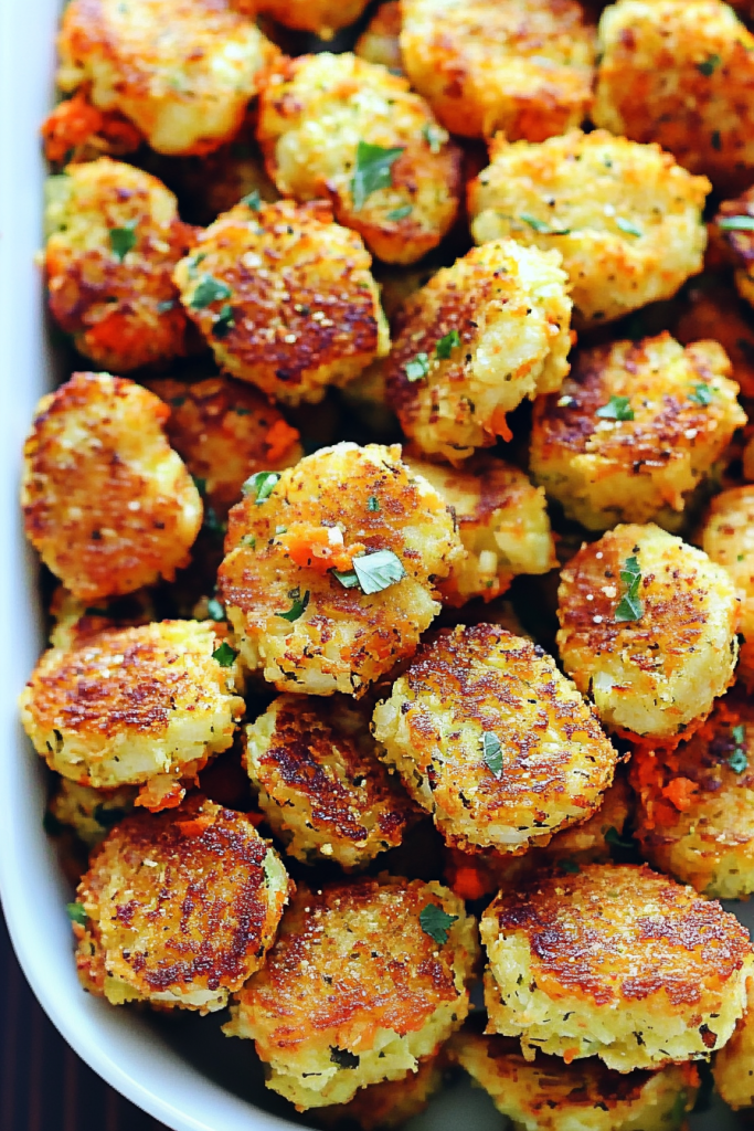 Final plated tots with a crunchy surface and visible carrots and cauliflower pieces.