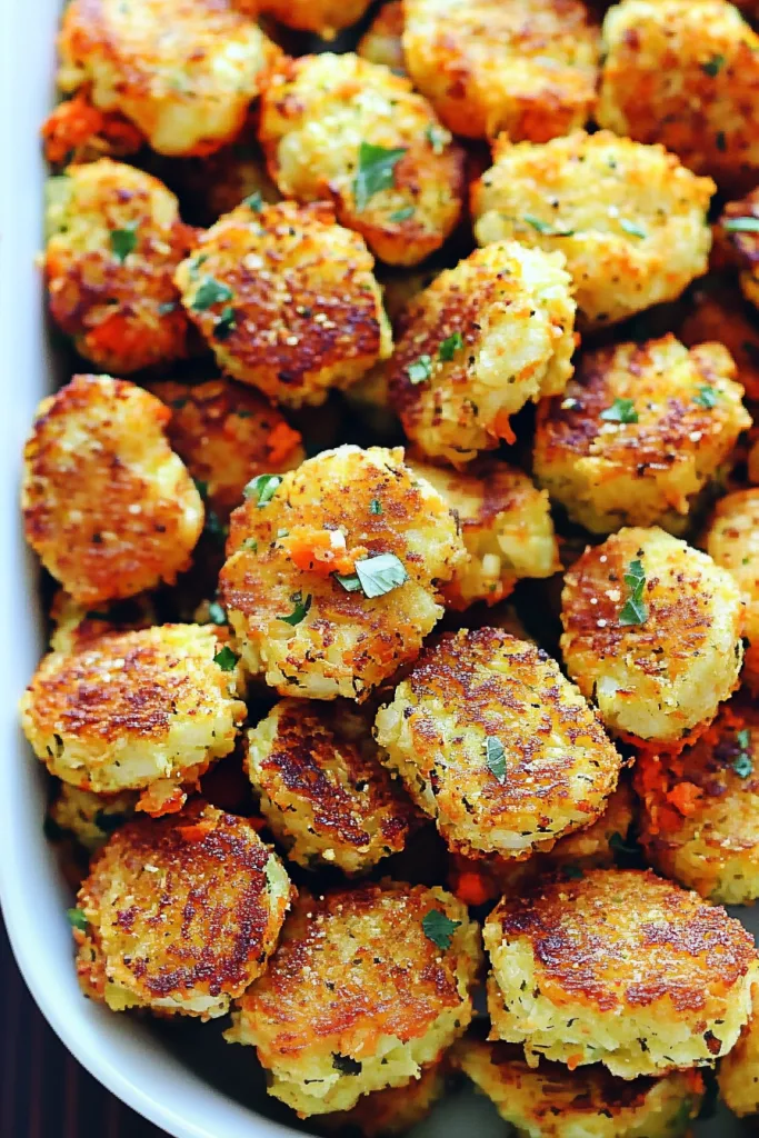 Final plated tots with a crunchy surface and visible carrots and cauliflower pieces.