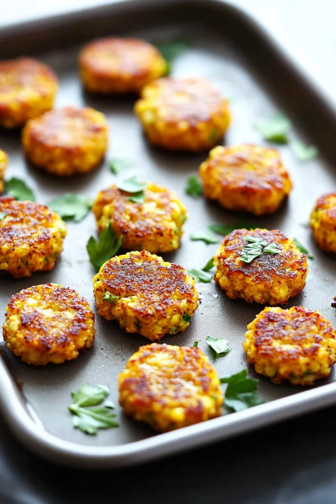 Golden-brown vegetable tots with crispy edges and flecks of herbs.