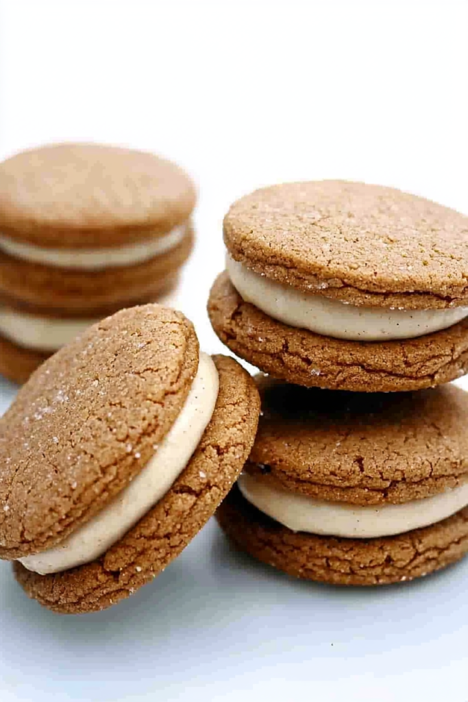Stack of golden sandwich cookies with creamy filling visible.