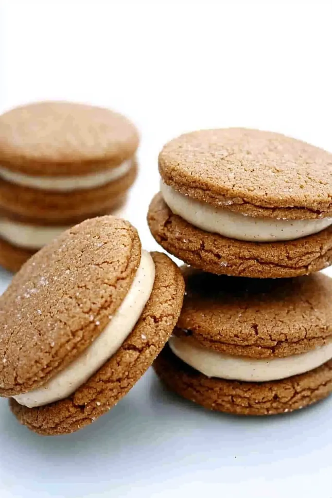 Stack of golden sandwich cookies with creamy filling visible.