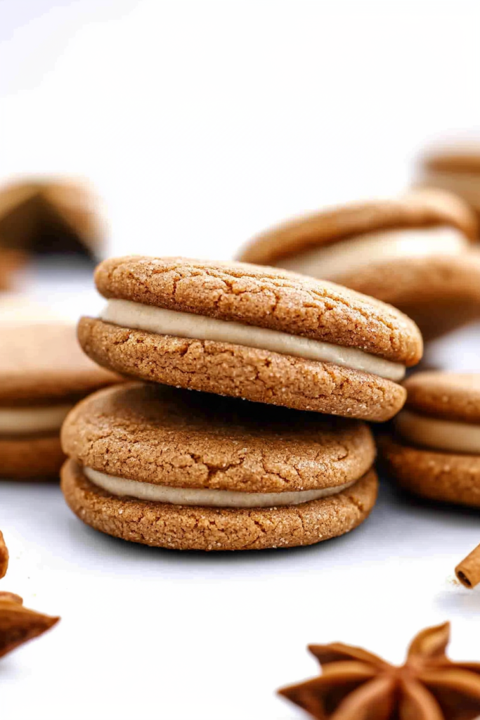 Group of cookies on white surface, emphasizing contrast between crunchy exterior and creamy middle.