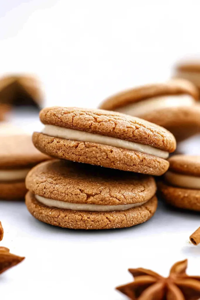 Group of cookies on white surface, emphasizing contrast between crunchy exterior and creamy middle.