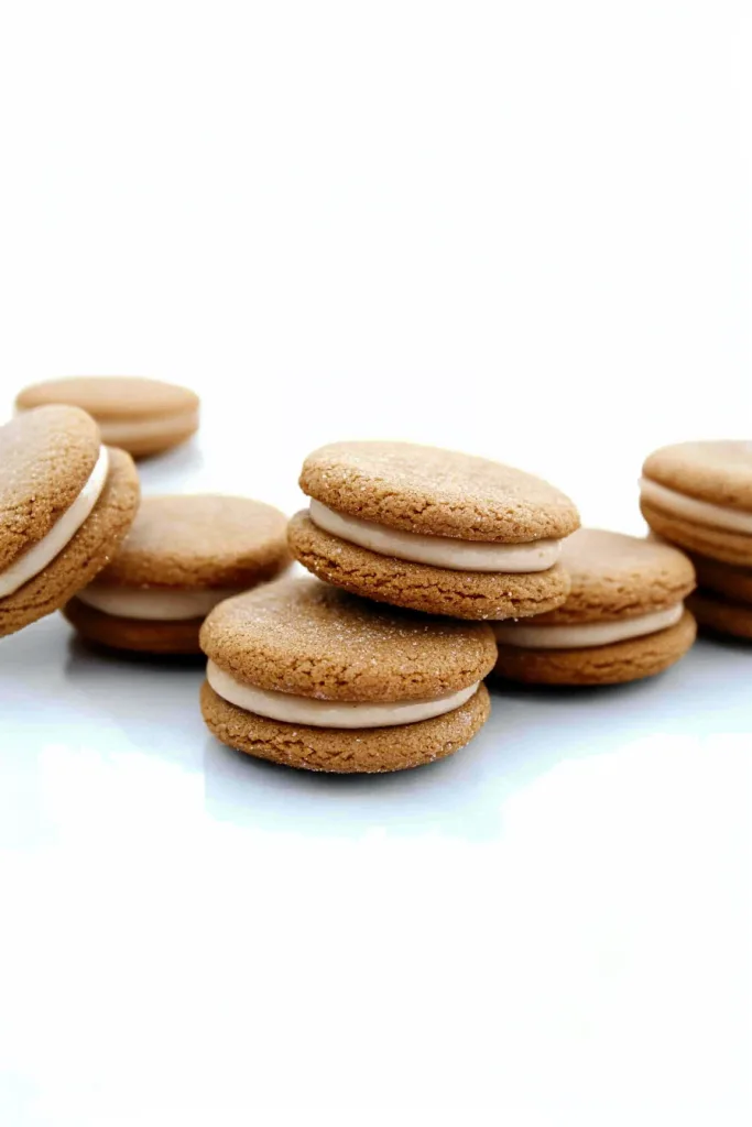 Arrangement of sandwich cookies highlighting crisp edges and soft filling.