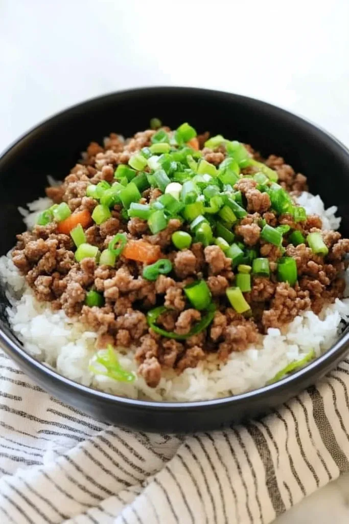 Final shot of the ginger ground beef donburi recipe, highlighting its simple presentation.