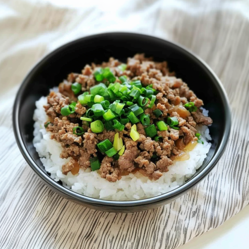 A serving of rice and beef with chopped green onions on a striped cloth background.