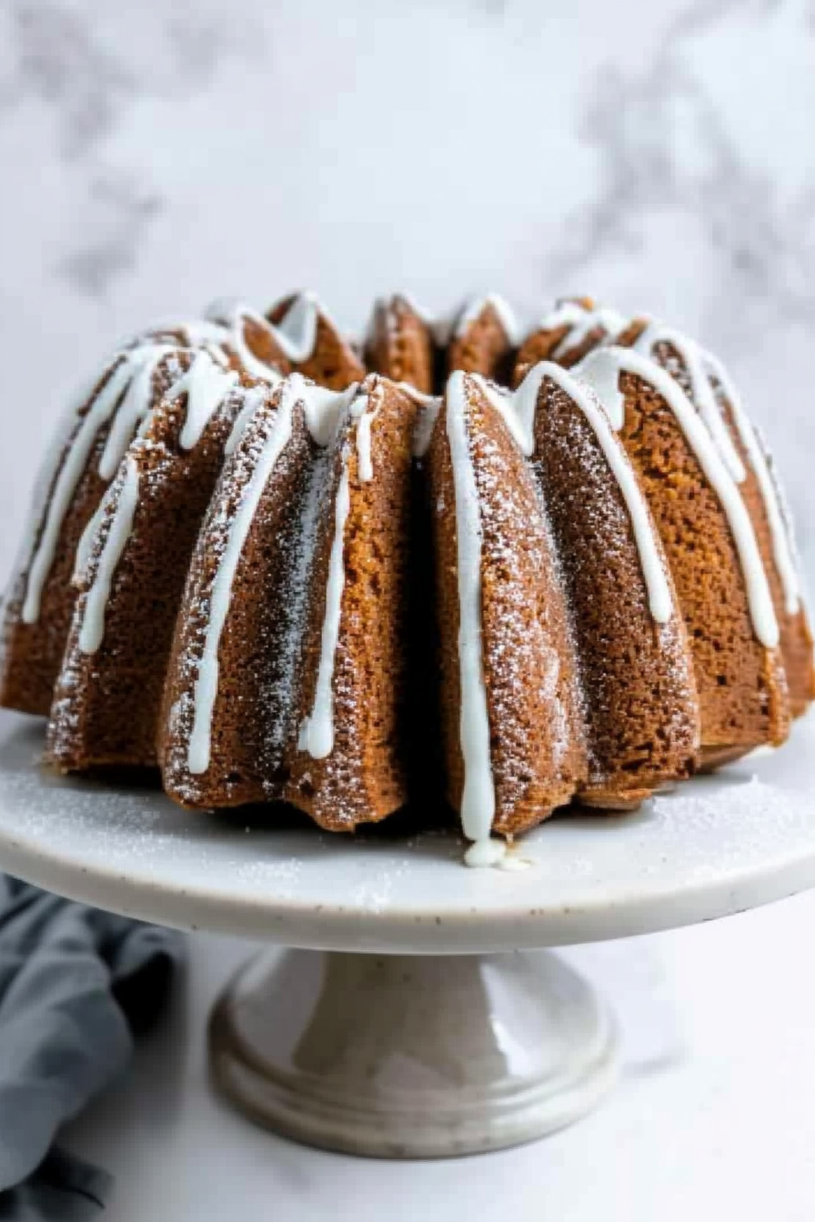 Bundt cake with fluted design drizzled with icing and dusted with sugar