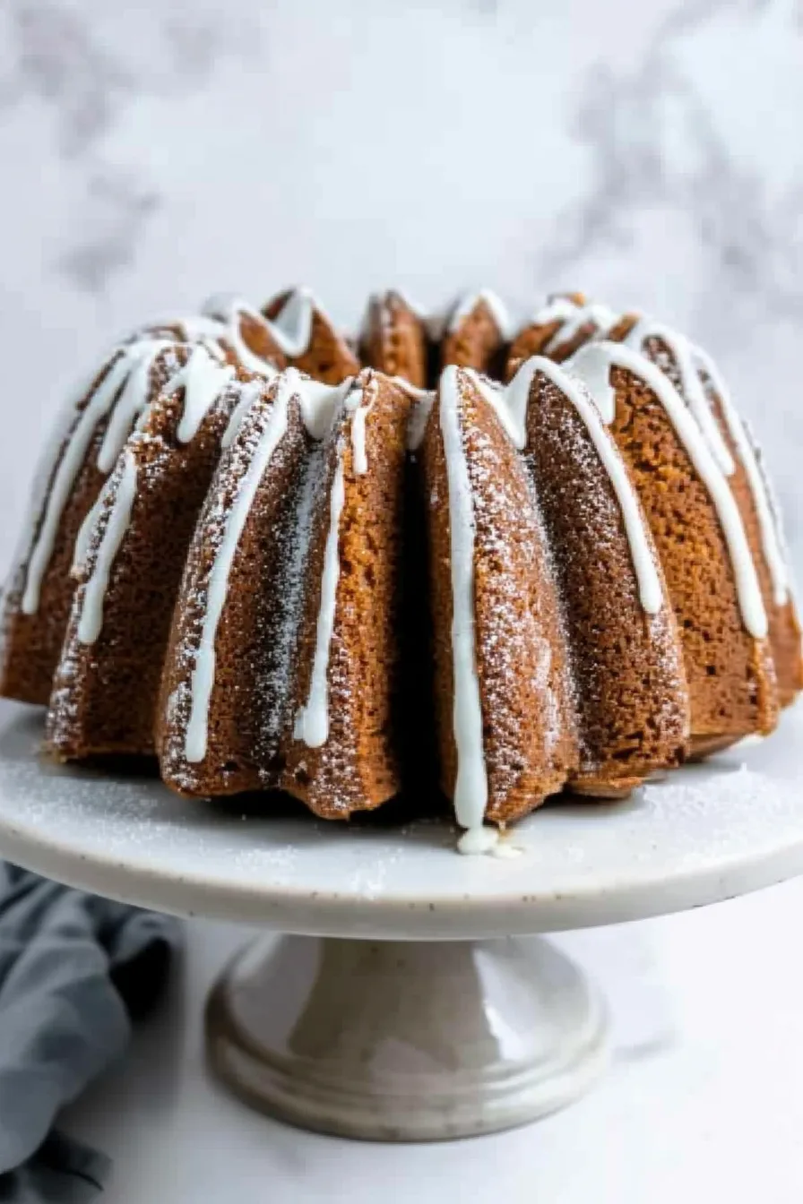 Bundt cake with fluted design drizzled with icing and dusted with sugar