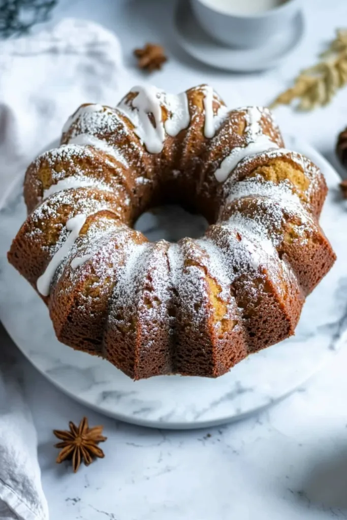 Overhead view of Bundt cake showing decorative ridges and glaze