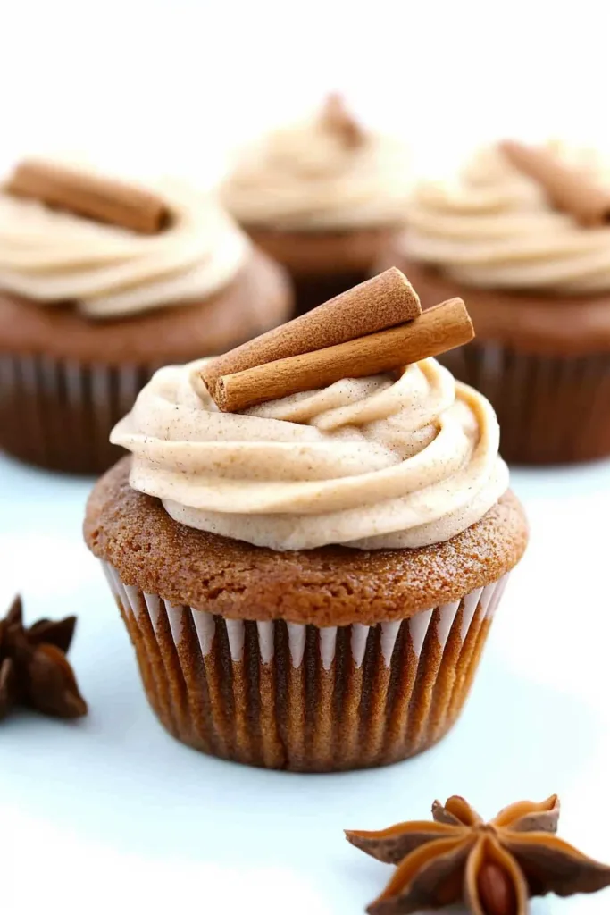 Cupcake topped with creamy swirl of frosting and a cinnamon stick garnish.