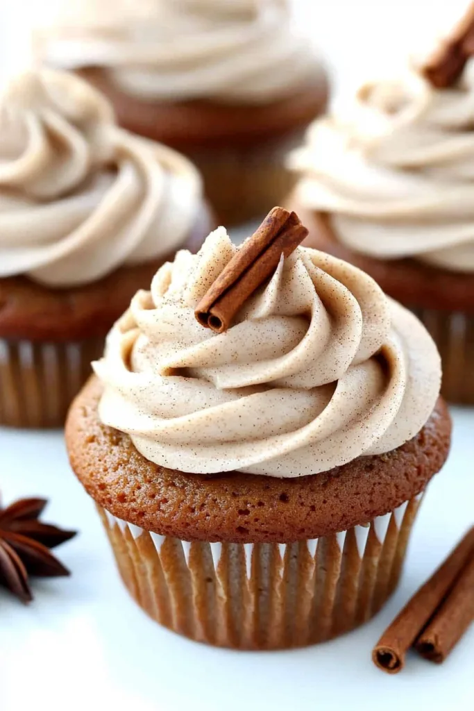 Arrangement of frosted cupcakes with decorative cinnamon sticks and star anise.