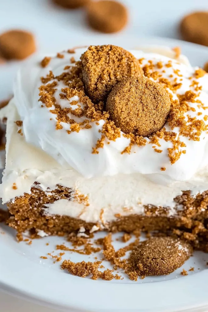 Closeโup of cake topped with whipped cream and cookie garnish.