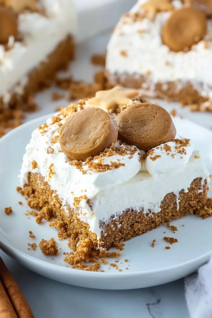 Festive cake slice decorated with round and starโshaped cookies.